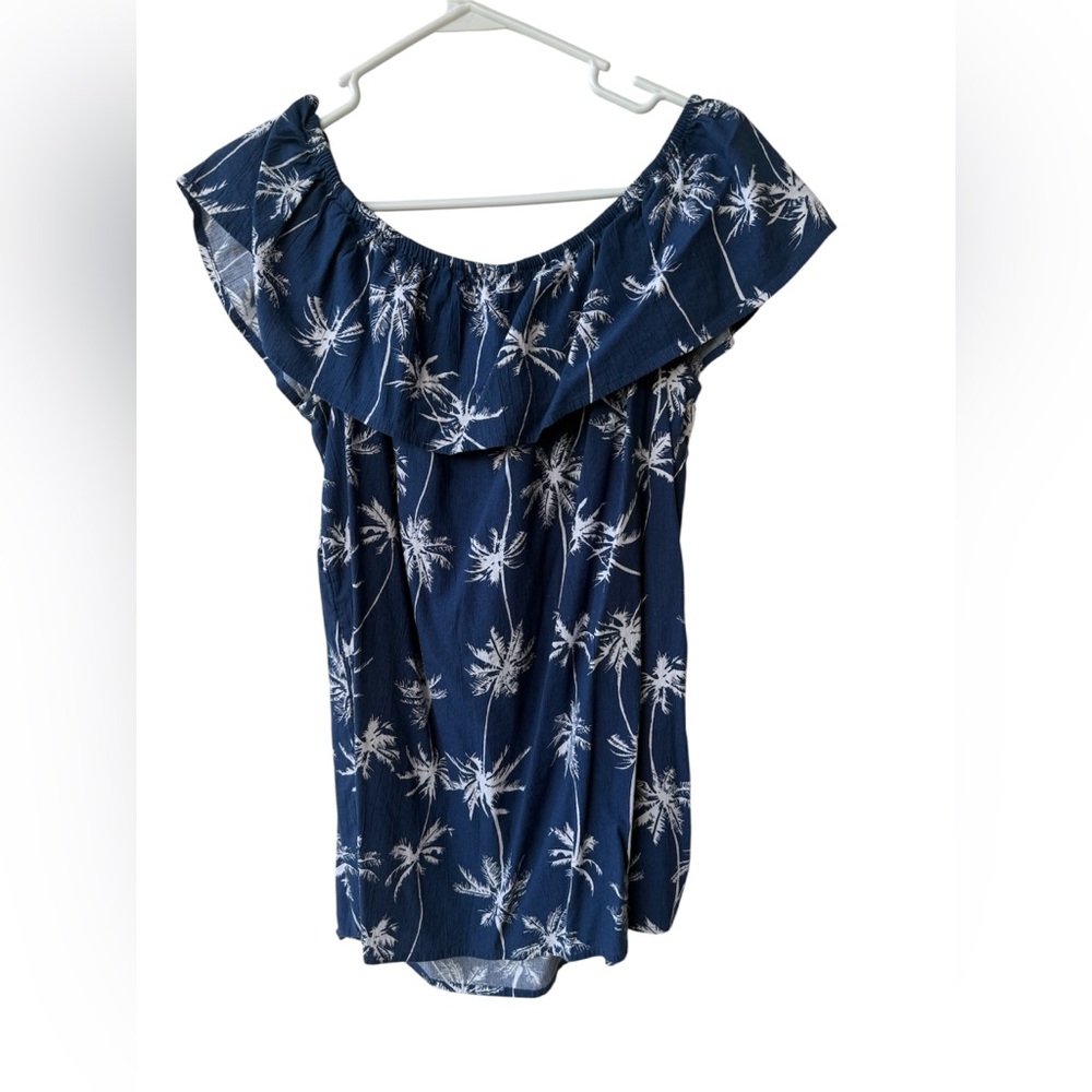 Style & Co. Navy Off-Shoulder Palm Print Tunic